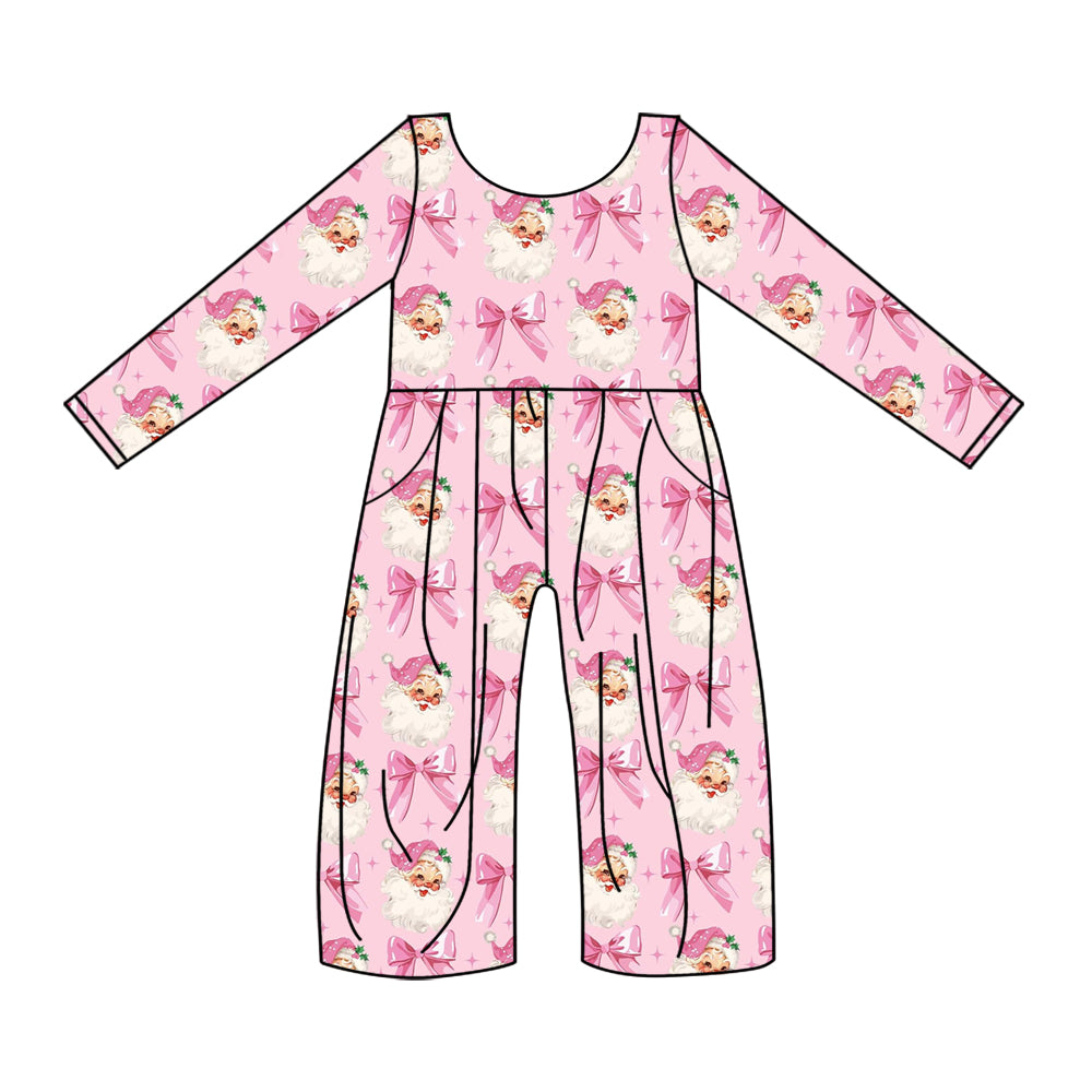 Preorder (moq 5)Baby Girls Pink Long Sleeves Bows Santa Pockets Pant Jumpsuits