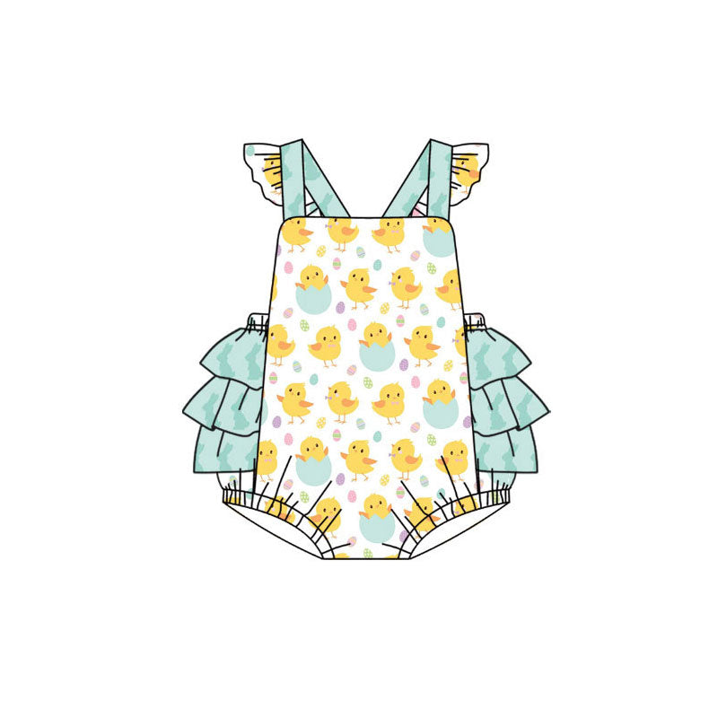 Preorder(moq 8)Baby Girls Flutter Sleeve Chicks Eggs Easter Ruffle Rompers