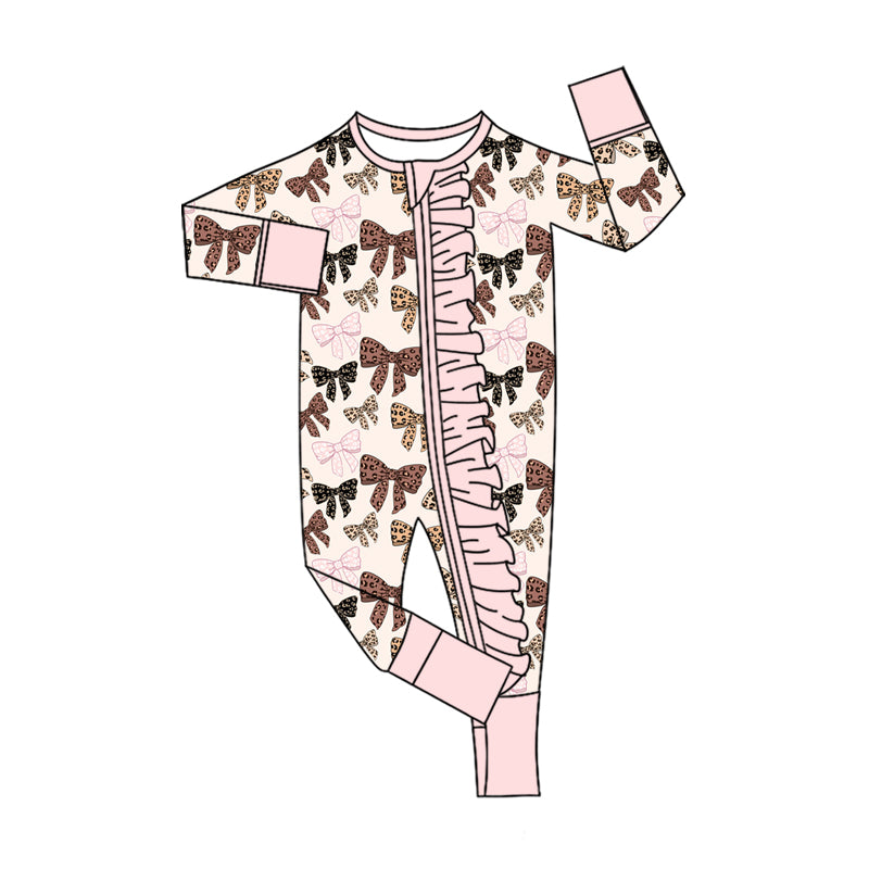 Preorder (moq 5)Baby Girls Colorful Leopard Bows Two Way Ruffle Zip Convertible Rompers