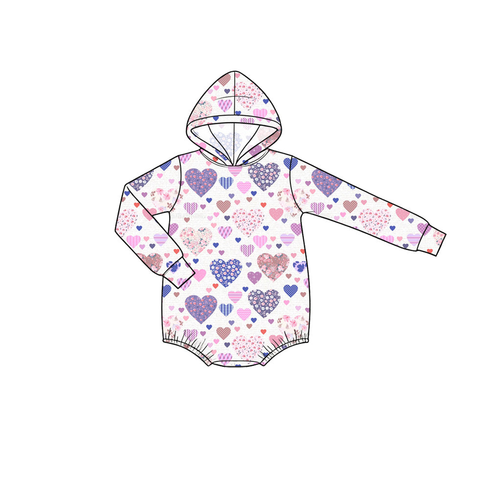 Preorder moq 5 Baby Girls’ Fall Valentine’s Day Heart Long-Sleeve Hooded Romper