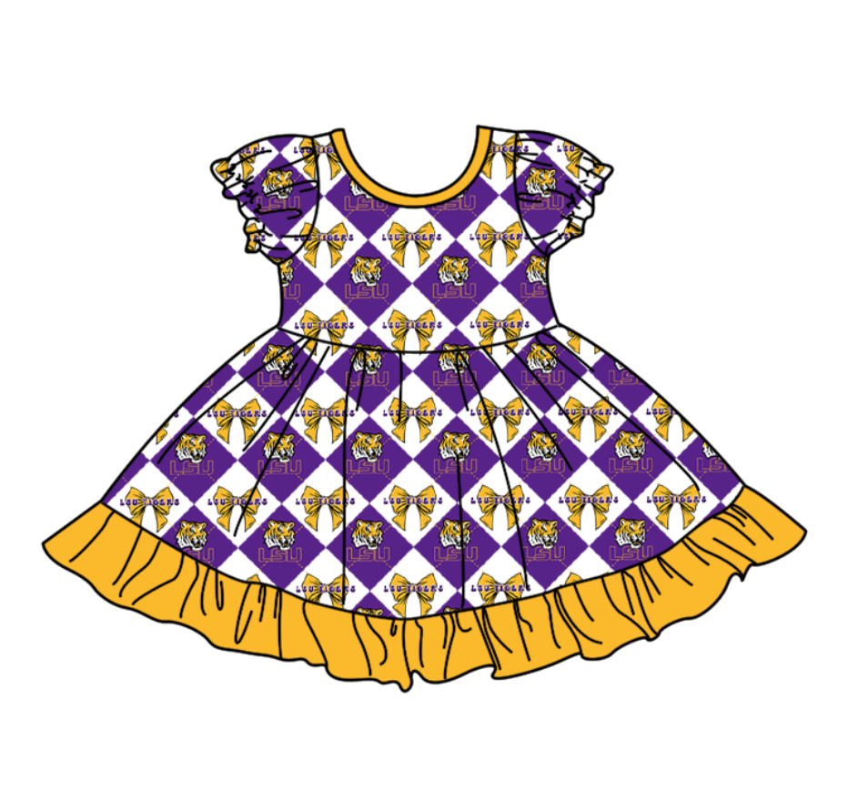 Preorder moq 5 Baby Girls Short Sleeve LSU Tigers Bows Team Ruffle Knee Length Dress