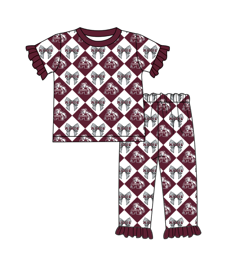 Preorder (moq 5)Baby Girls Team Bows Checked Top Ruffle Pant Clothes Sets