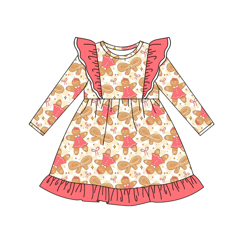 Preorder (moq 5)Baby Girls Long Sleeves Bows Gingerbread Knee Length Dresses