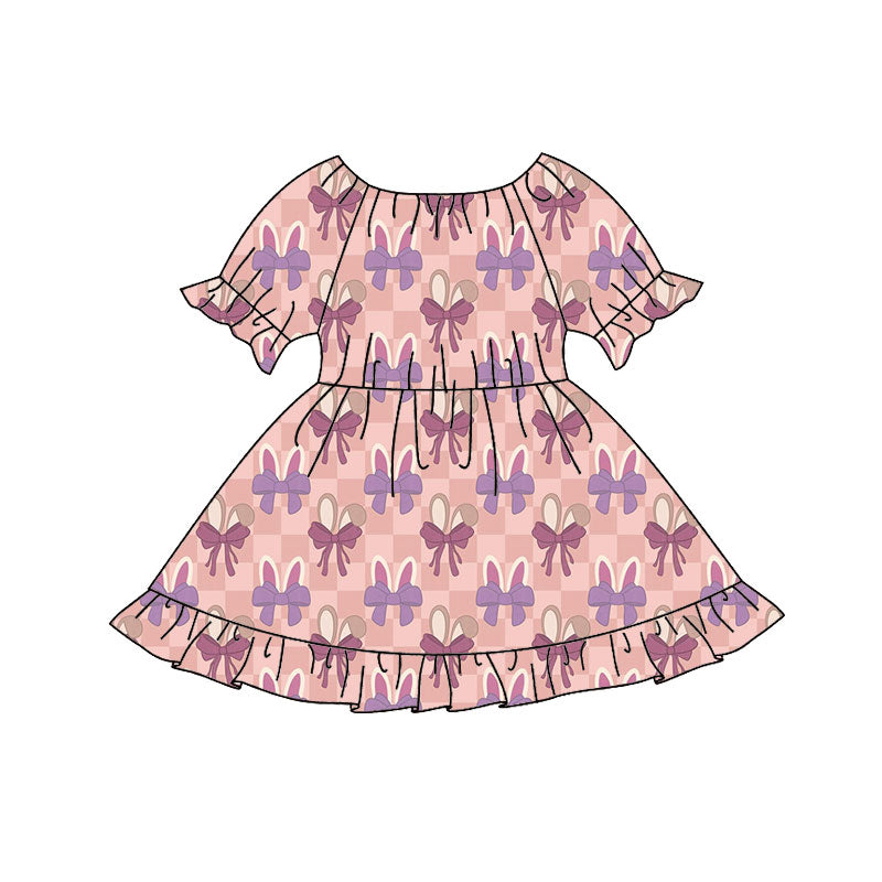 Preorder(moq 8)Baby Girls Pink Checked Bows Rabbits Easter Ruffle Knee Length Dresses