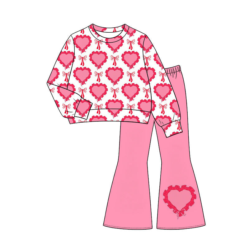 Preorder(moq 5) Baby Girls Pink Heart Bows Top Flare Pant Valentines Clothes Sets