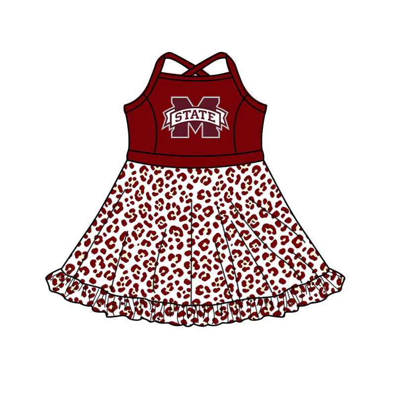 Preorder (custom moq 5)Baby Girls Strap Leopard M State Short Ruffle Team Knee Length Dress