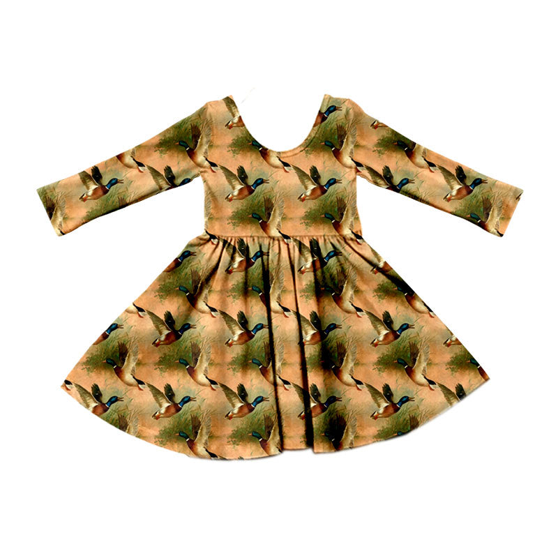 Preorder (moq 5) Baby Girl Clothes Mallard Duck Nature Print Long Sleeve Twirl Dress