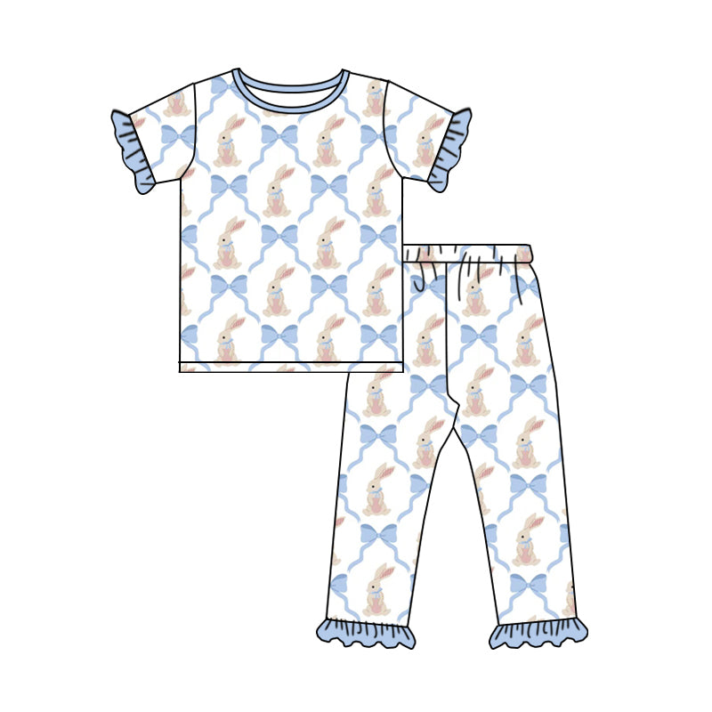Preorder (moq 5)Baby Girls Blue Bows Rabbits Checked Top Ruffle Pants Easter Pajamas Sets