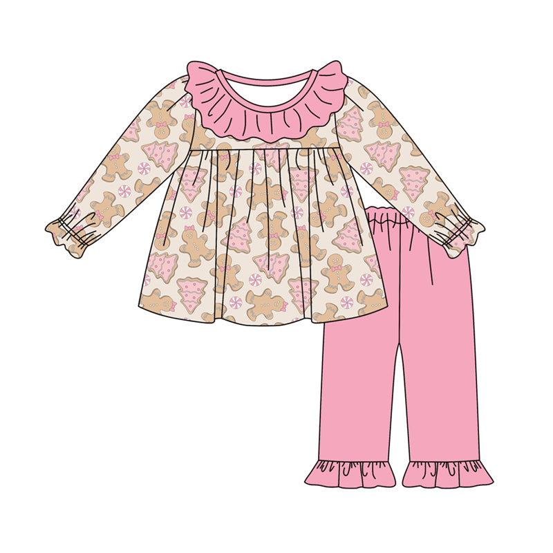 Preorder (moq 5)Baby Girls Long Sleeves Pink Candy Gingerbread Tunic Ruffle Pant Clothes Set
