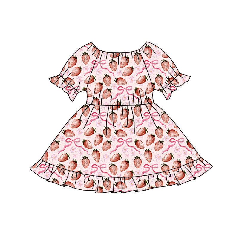 Preorder(moq 8)Baby Girls Pink Bows Strawberry Ruffle Knee Length Dresses