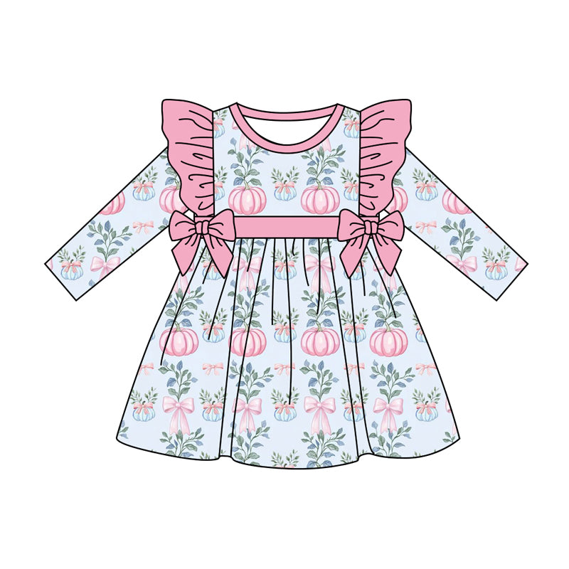 Preorder (moq 5)Baby Girls Blue Long Sleeves Bows Pumpkins Knee Length Dresses