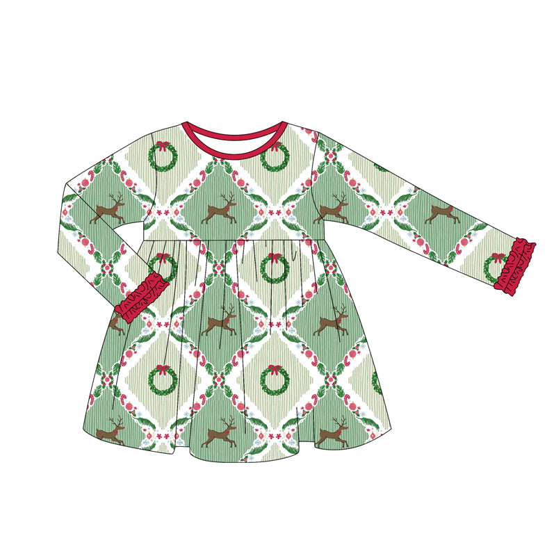 Preorder (moq 5)Baby Girls Green Long Ruffle Sleeves Deer Holly Plaid Knee Length Dresses