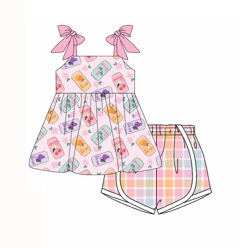 Preorder moq 5 Baby Girls Pink Strap Flowers Juice Tunic Plaid Short Set