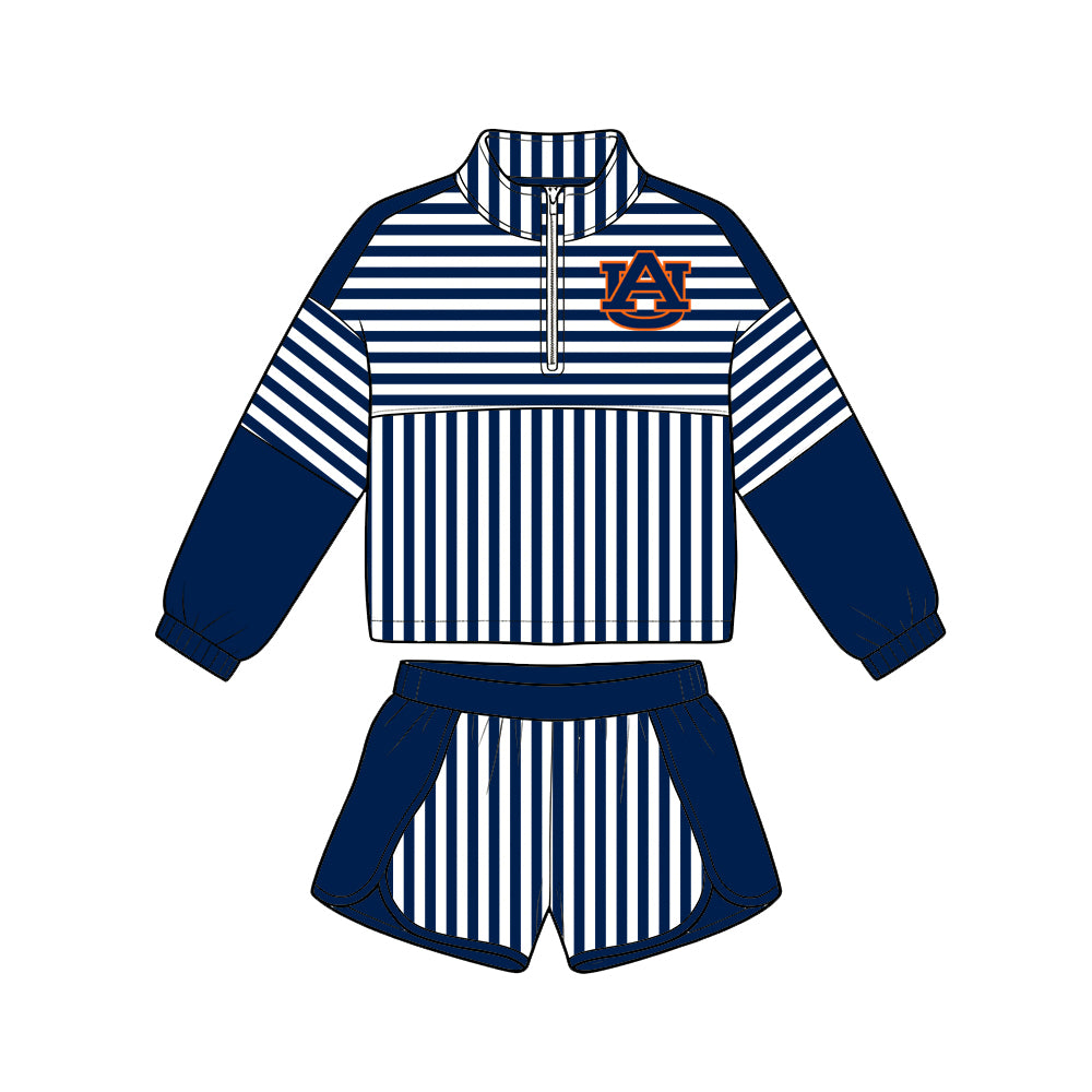 Preorder (moq 5) Girls’ Team Dark Blue Striped Round-Neck Long-Sleeve Top & Matching Elastic-Waist Shorts 2-Piece Set