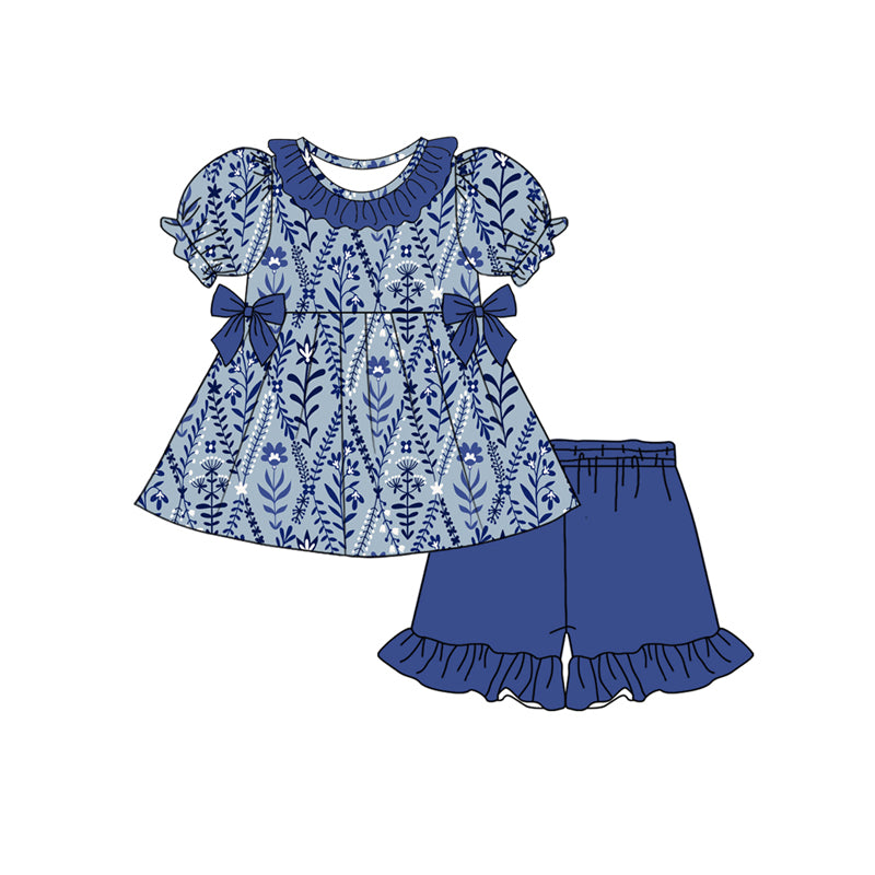 Preorder moq 5 Baby Girls Hot Blue Short Ruffle Sleeves Floral Bows Tunic Ruffle Short Set