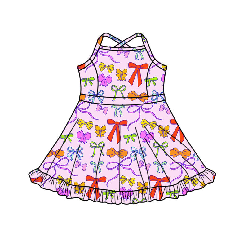 Preorder(moq 5) Baby Girls Strap Colorful Bows Plaid Shorts Ruffle Knee Length Dresses