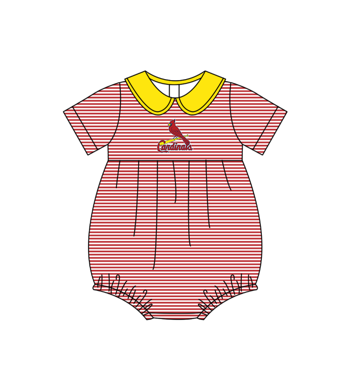 Preorder (moq 5)Baby Girls Short Sleeve Cardinals Stripe Team Ruffle Rompers