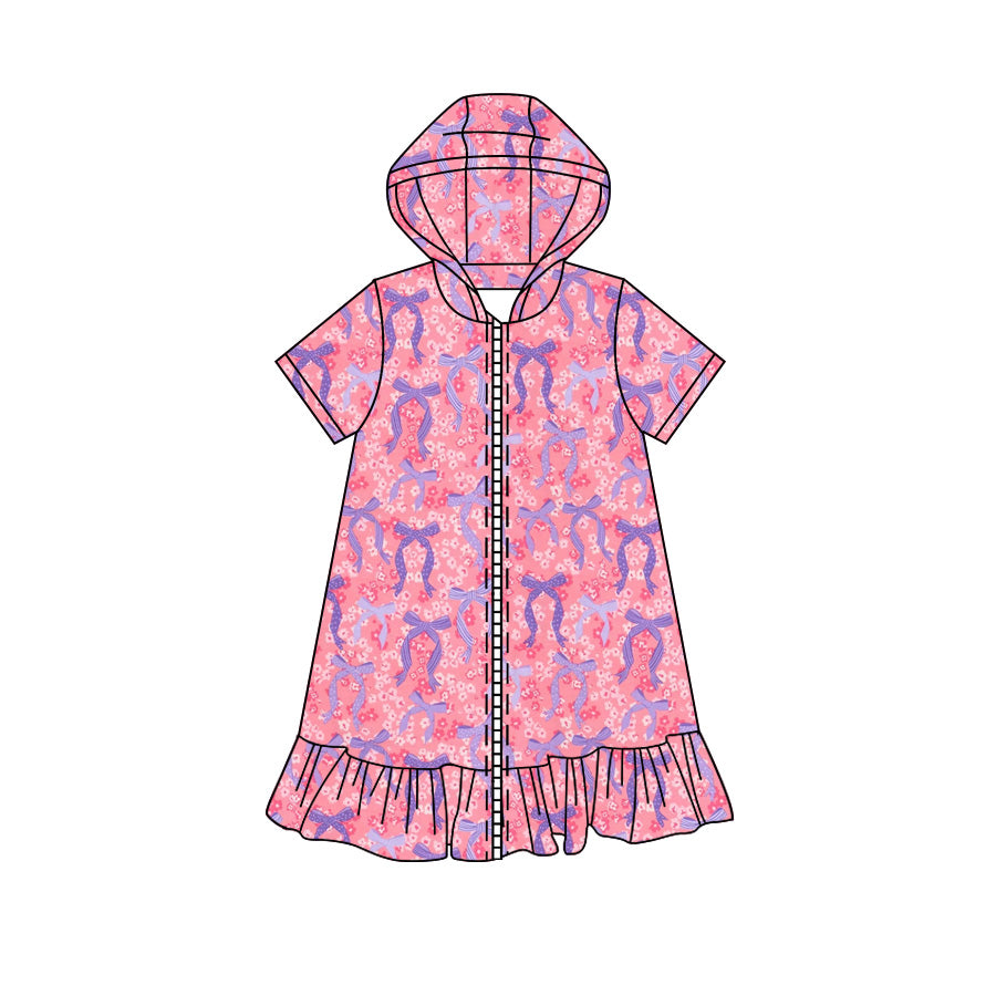 Preorder moq 5 Baby Girls Short Sleeve Flowers Bows Fall Zip Ruffle Knee Length Dresses