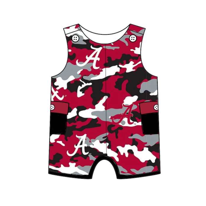 Preorder (moq 5)Baby Girls Red Camo Sleeveless A Team Shorts Rompers
