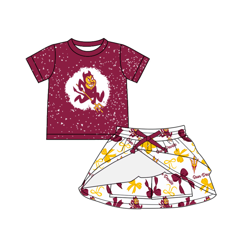 Preorder (moq 5)Baby Girls Red Short Sleeves Sun Devils Top Bows Plaid Skorts Team Set