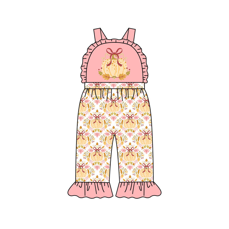 Preorder (moq 5)Baby Girls Strap Flowers Pumpkins Fall Ruffle Pant Jumpsuits