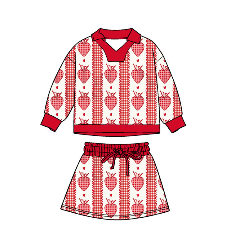 Preorder (moq 5)Baby Girls Hearts Strawberry Stripe Top Skirt Shorts Valentines Clothes Sets