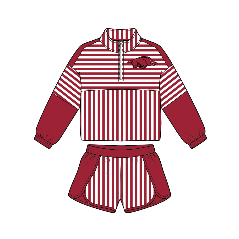 Preorder (moq 5) Girls’ Team Red Striped Round-Neck Long-Sleeve Top & Matching Elastic-Waist Shorts 2-Piece Set