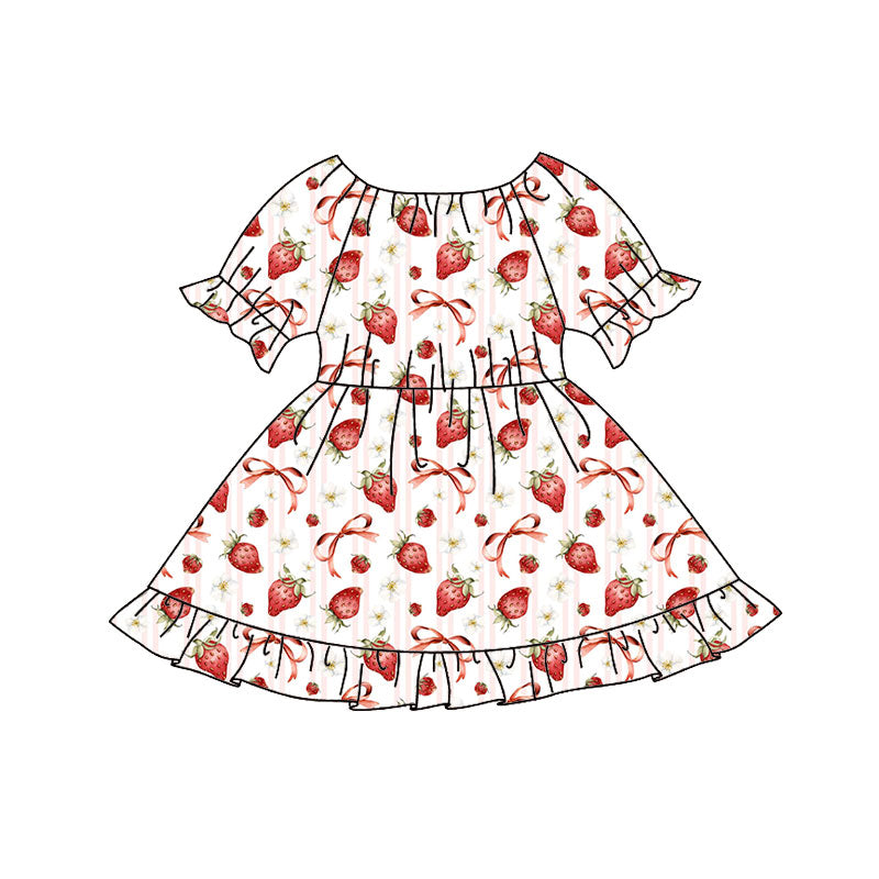 Preorder(moq 8)Baby Girls Red Bows Strawberry Ruffle Knee Length Dresses