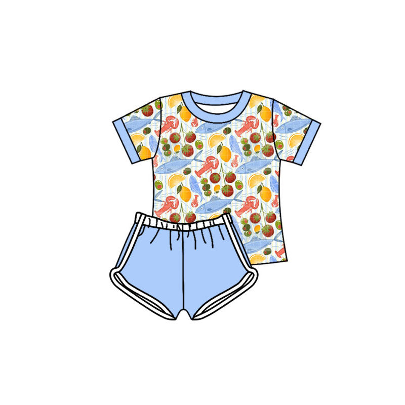 Preorder(moq 5) Baby Girls Crayfishes Fishes Top Shorts Clothes Sets