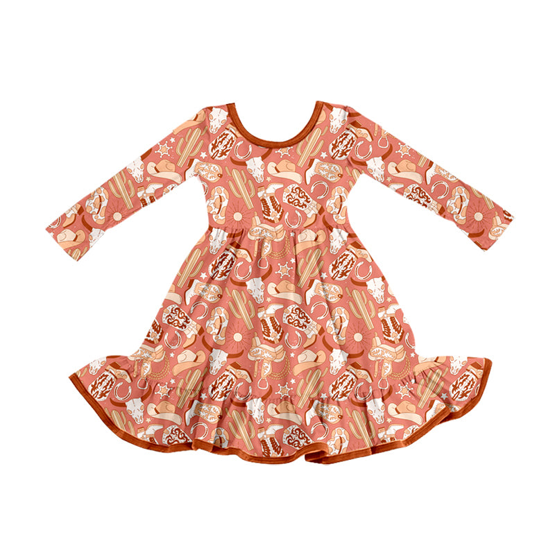 Preorder (moq 5)Baby Girls Western Boots Cactus Cow Ruffle Knee Length Dresses
