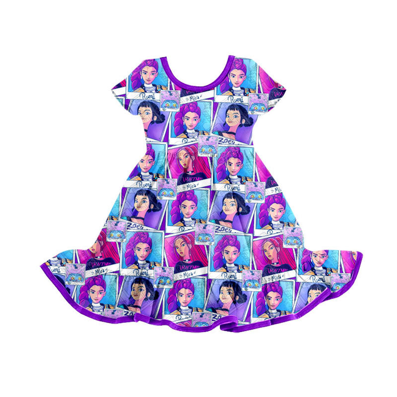 Preorder(moq 5) Baby Girls Short Sleeve Cartoon Girls Ruffle Knee Length Dresses