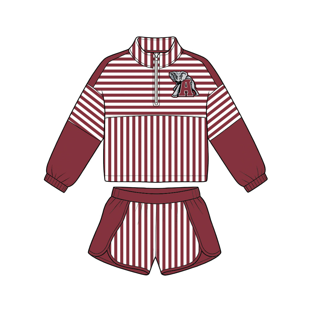 Preorder (moq 5) Girls’ Team Dark Red Striped Round-Neck Long-Sleeve Top & Matching Elastic-Waist Shorts 2-Piece Set