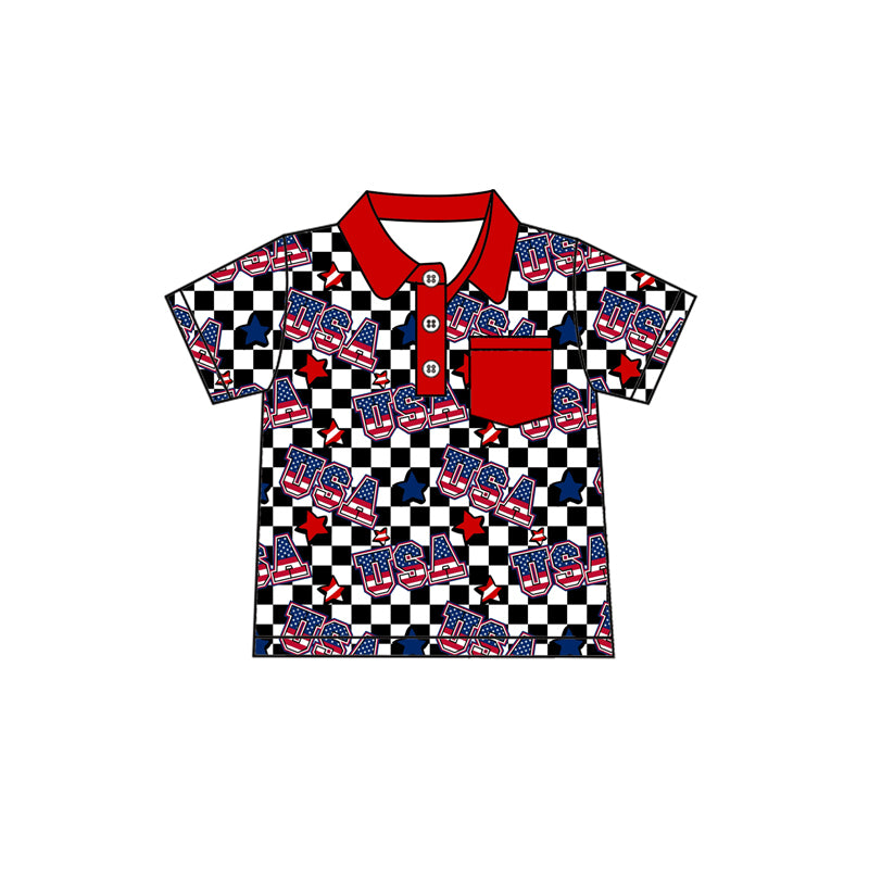 Preorder moq 5 Baby Boys Short Sleeves Button Pocket Black Plaid USA Stars 4th Of July Polo Shirts Top