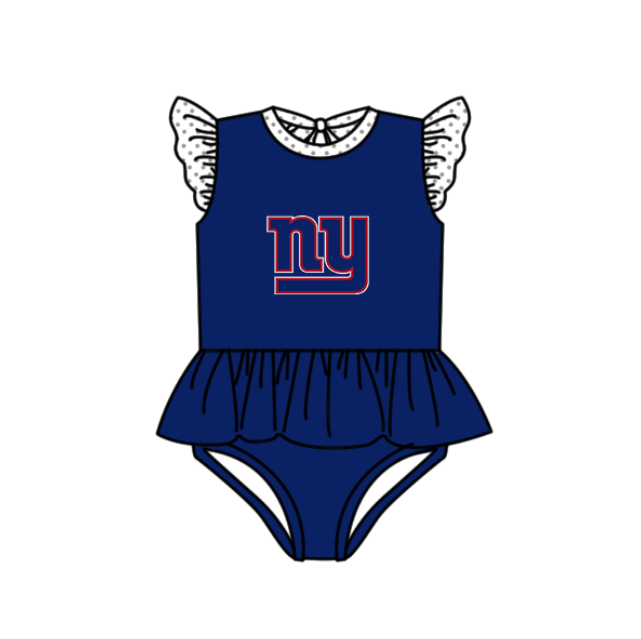 Preorder moq 5 Baby Girls Navy NY Flutter Sleeve Team Swimsuits