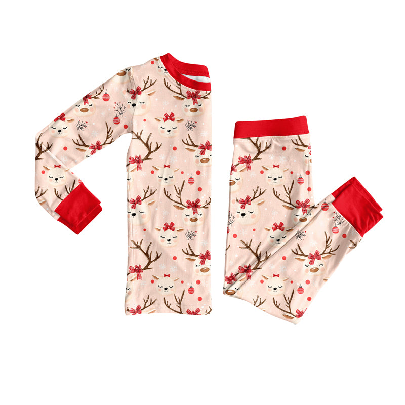 Preorder (moq 5)Baby Girls Red Long Sleeves Deer Bows Top Pant Pajamas Set