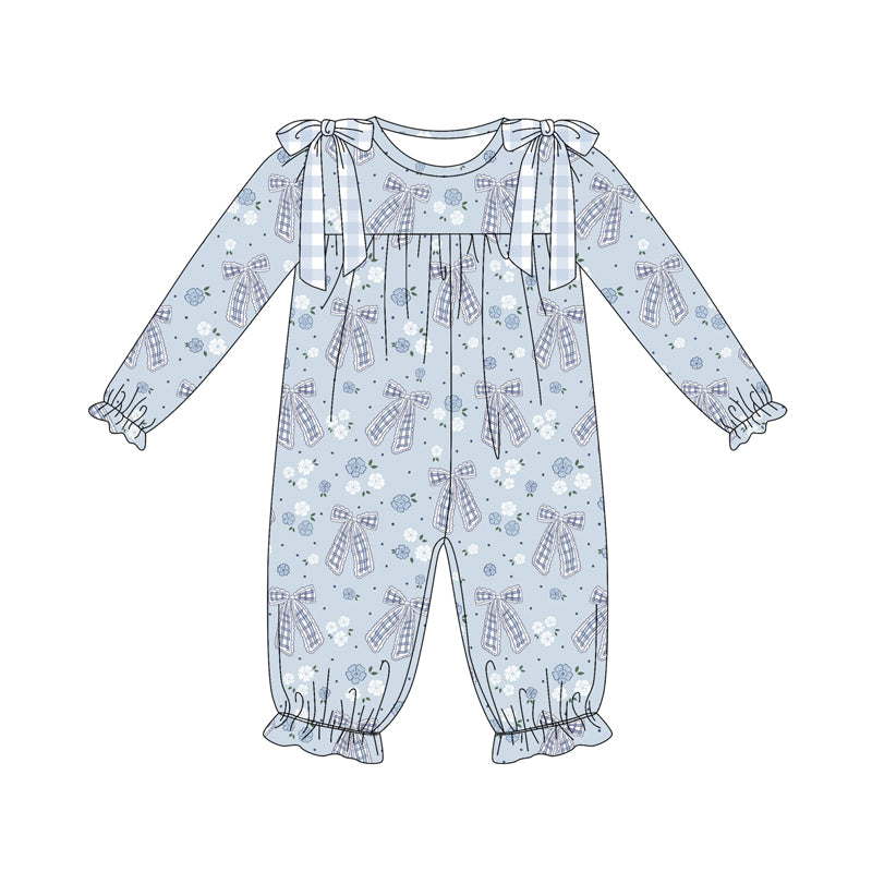 Preorder(moq 5)Baby Infant Girls Blue Bows Flowers Plaid Ruffle Pant Rompers