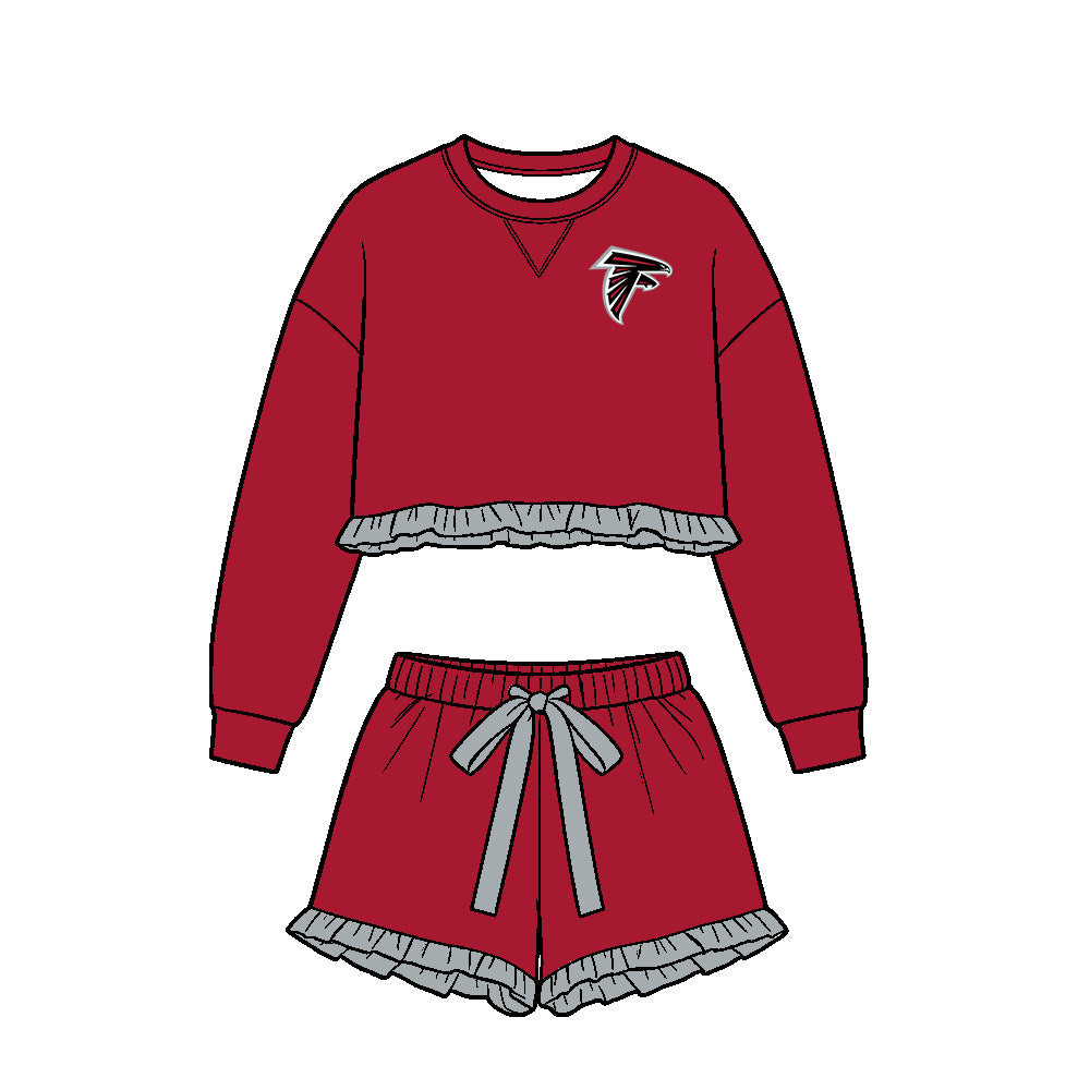 Preorder (moq 5)Baby Girls Red Long Sleeve Falcons Top Ruffle Short Team Clothes Set