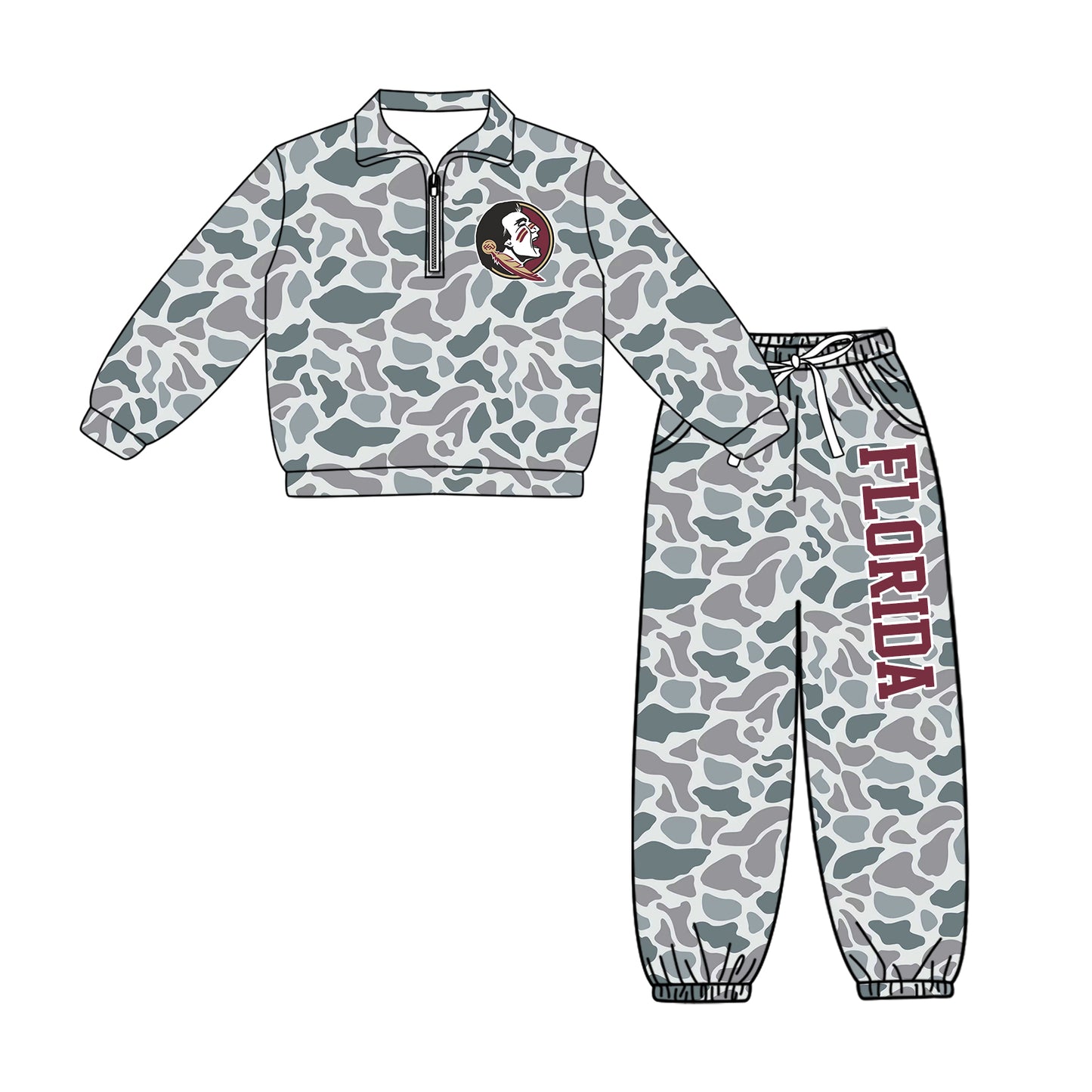 Preorder(moq 5)Baby Boys Grey Camo Florida Zip Pullover Pockets Joggers Team Clothes Sets