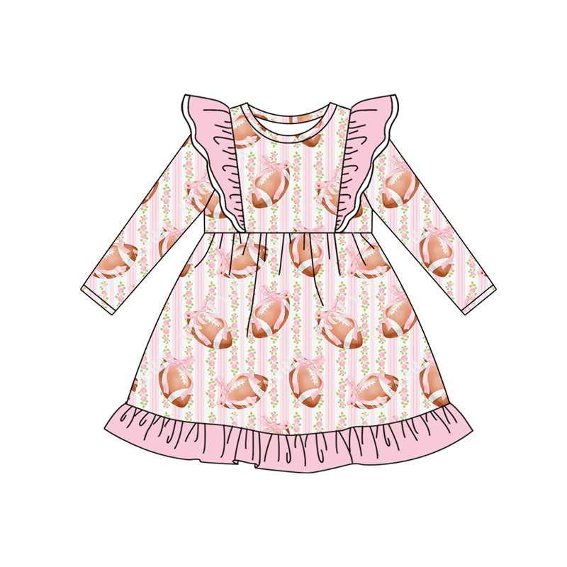 Preorder (moq 5)Baby Girls Pink Long Sleeves Floral Footballs Stripe Knee Length Dresses