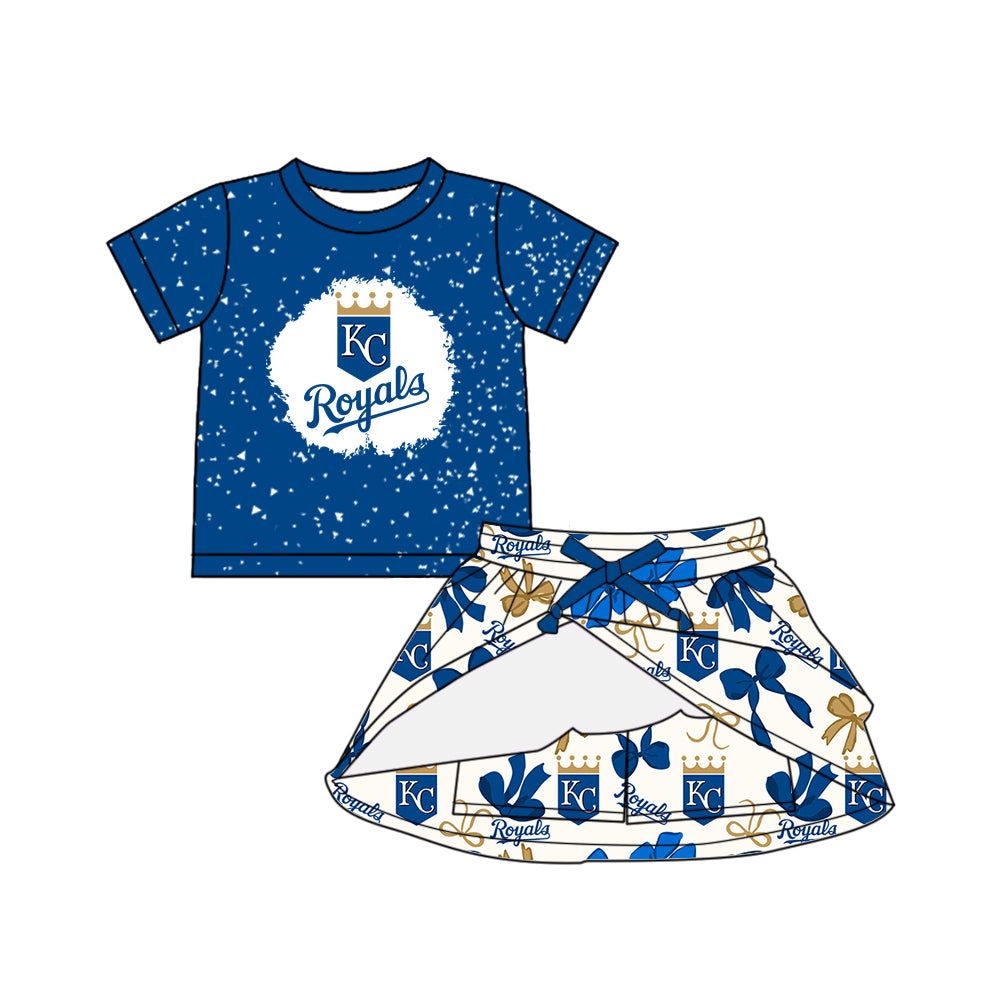 Preorder (moq 5)Baby Girls Hot Blue Short Sleeves KC Top Bows Plaid Skort Team Set