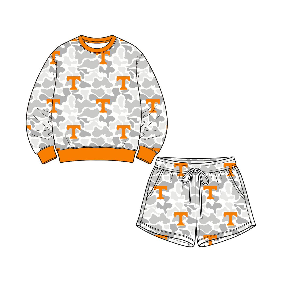 Preorder (moq 5) Kids Clothes Camo Letter T Mixed Print Long Sleeve Sweatshirt Short Pant Set