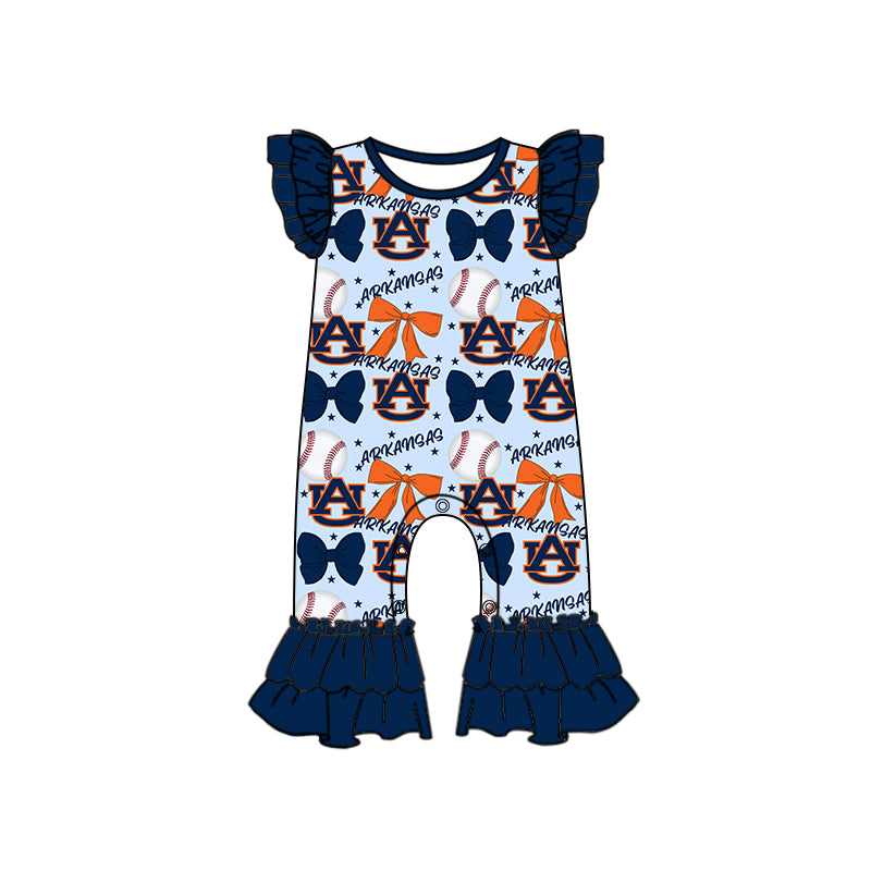 Preorder (moq 5)Baby Girls Navy Flutter Sleeves Baseball Bows Arkansas Ruffle Pant Team Rompers