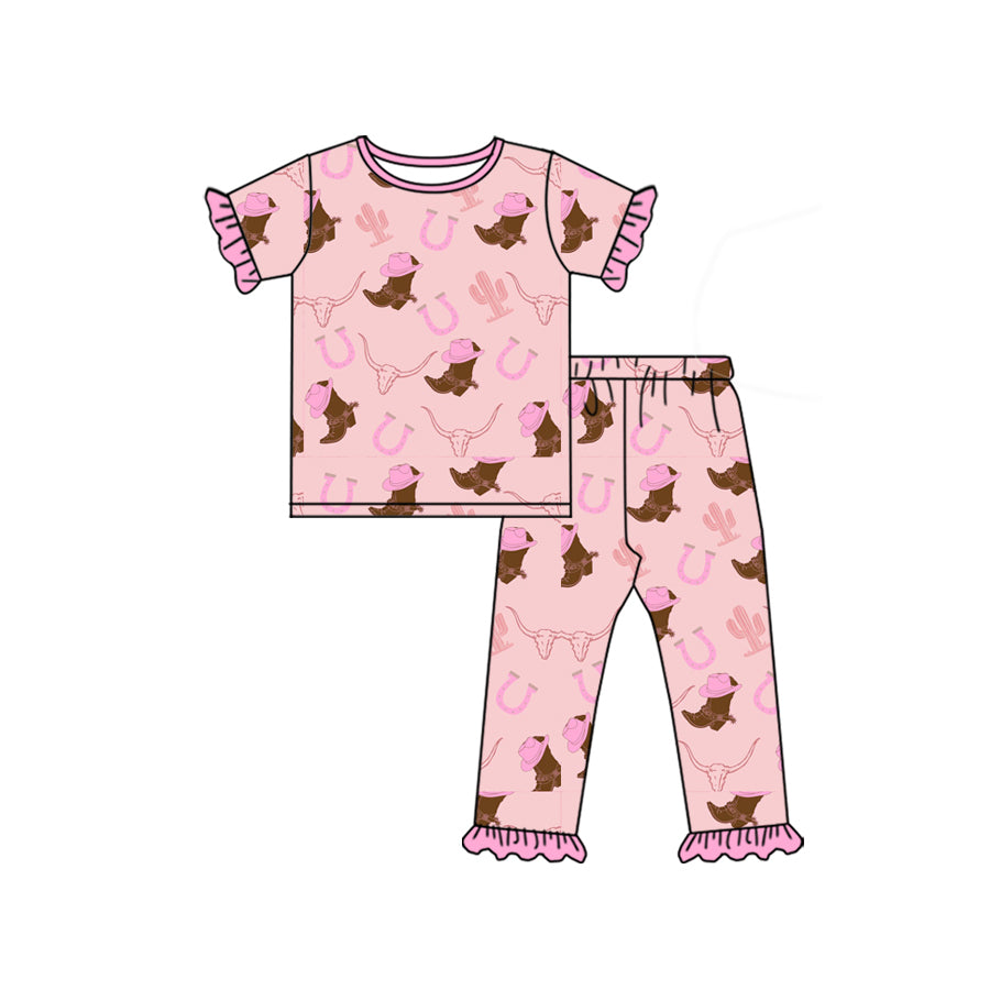 Preorder (moq 5)Baby Girls Hat Boots Bull Skulls Top Ruffle Pants Western Pajamas Sets