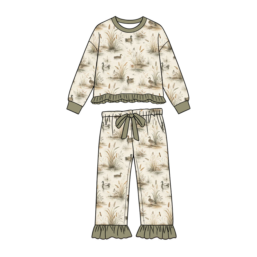 Preorder (moq 5) Baby Girl Clothes Vintage Reeds Mallard Duck Allover Print Long Sleeve Ruffle Top Flare Pant Set