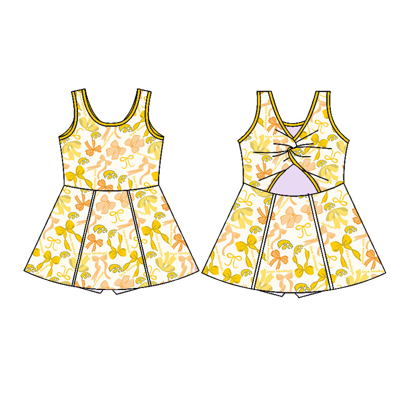 Preorder (moq 5)Baby Girls Sleeveless Yellow Bows Plaid Shorts Team Knee Length Dresses