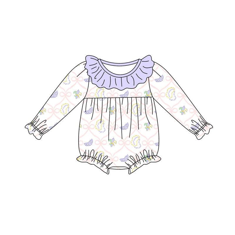 Preorder (moq 5)Baby Girls Bows Masks Checked Mardigras Collar Ruffle Rompers