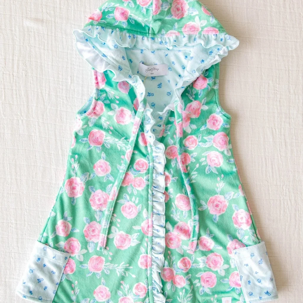 Baby Girls milk silk one layer Green Pink Rose Hooded Swim Cover up Preorder (moq 5)