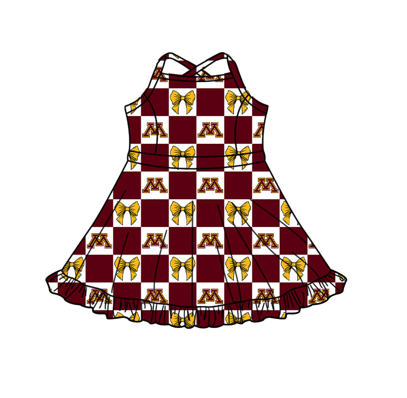 Preorder (moq 5) Baby Girls Strap Bows Minnesota Checked Team Short Knee Length Dress