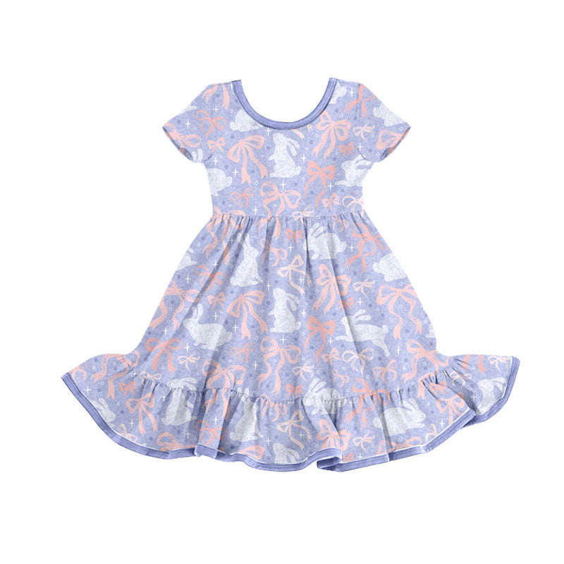 Preorder(moq 5) Baby Girls Lavender Rabbits Bows Easter Ruffle Knee Length Dresses