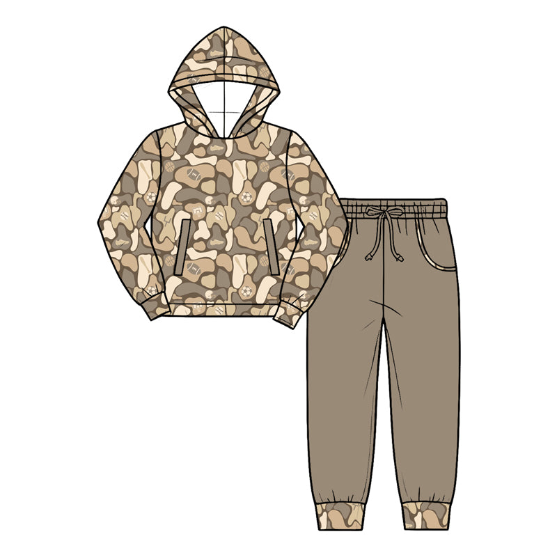 Preorder (moq 5) Baby Boy Clothes Neutral Camo Multi Sports Ball Print Hoodie Solid Jogger Pants Set